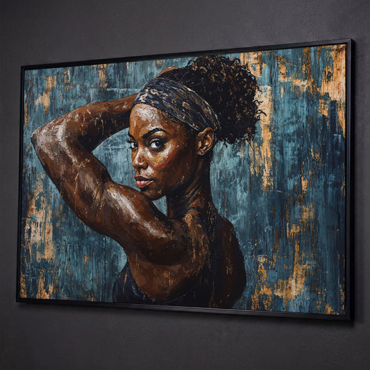 Athletic Black Girl Portrait Canvas in Teal and Burnt Umber shown in black floating frame