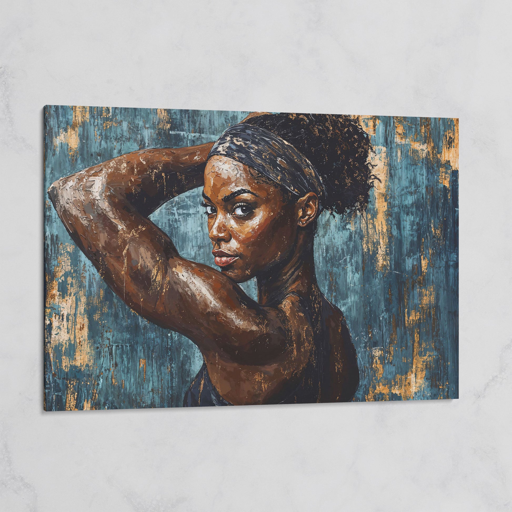 Athletic Black Girl Portrait Canvas in Teal and Burnt Umber on gallery wrap