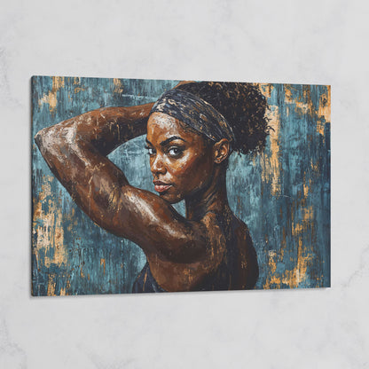 Athletic Black Girl Portrait Canvas in Teal and Burnt Umber on gallery wrap
