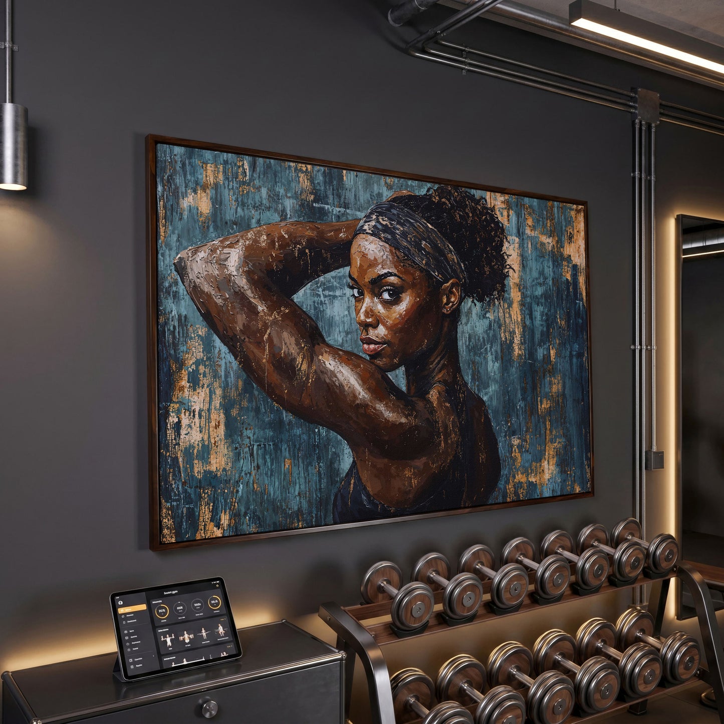 Athletic Black Girl Portrait Canvas in Teal and Burnt Umber in dark walnut floating frame