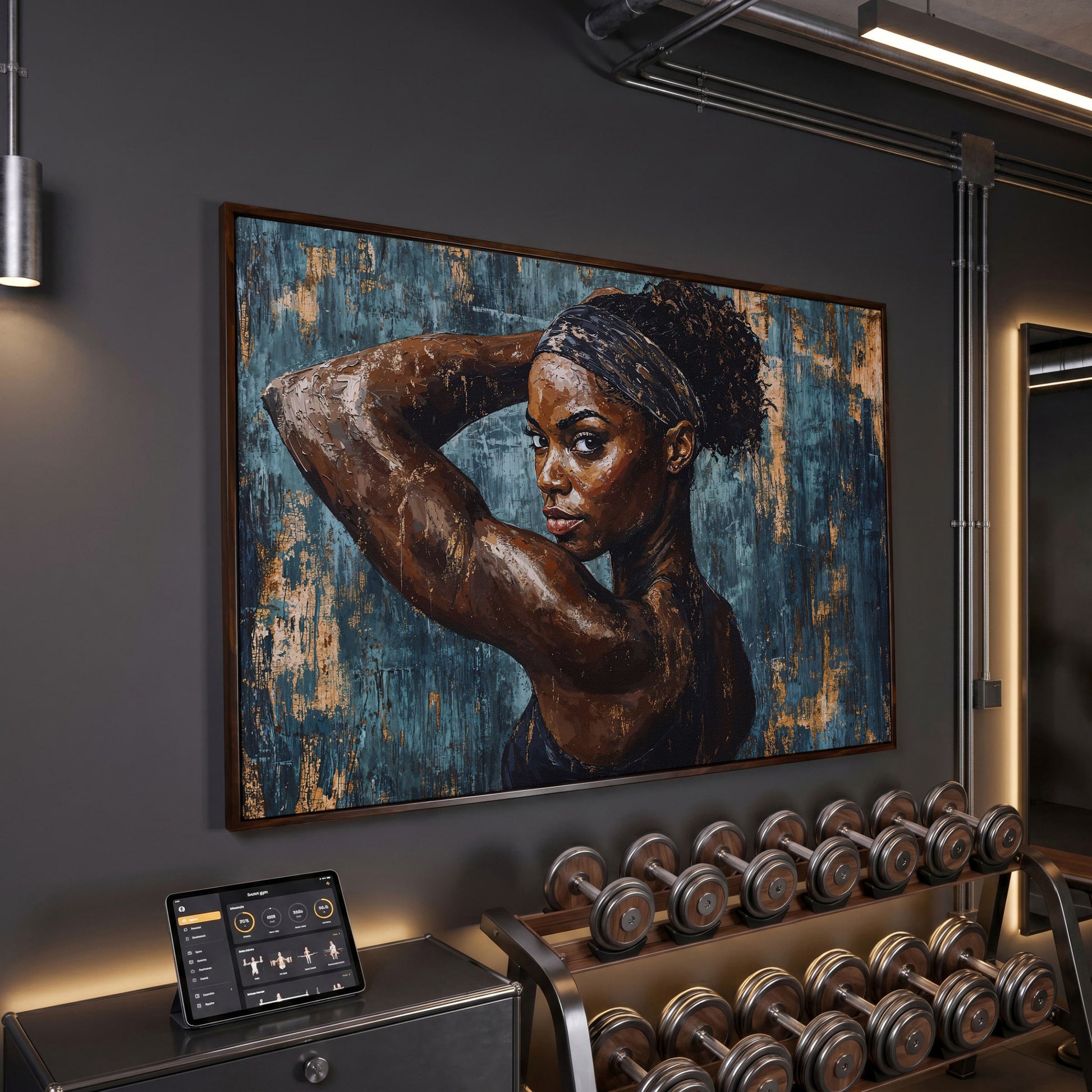 Athletic Black Girl Portrait Canvas in Teal and Burnt Umber in dark walnut floating frame