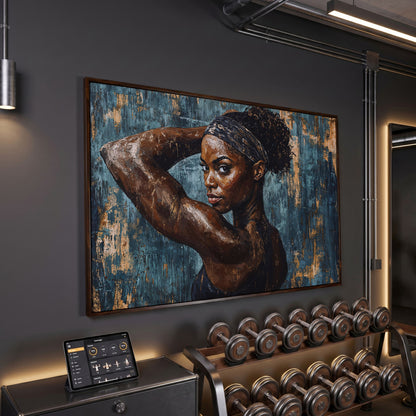 Athletic Black Girl Portrait Canvas in Teal and Burnt Umber in dark walnut floating frame