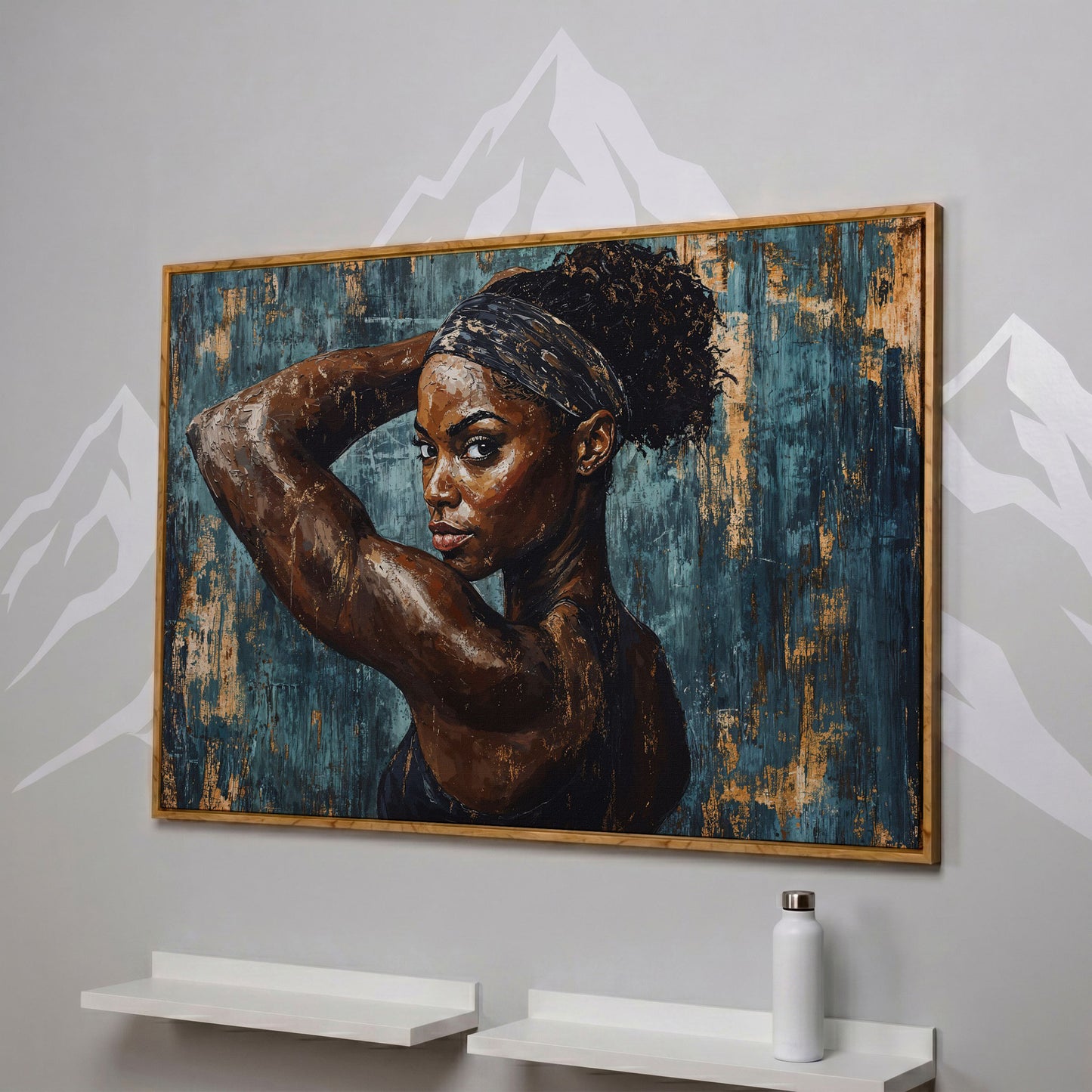 Athletic Black Girl Portrait Canvas in Teal and Burnt Umber in white oak floating frame