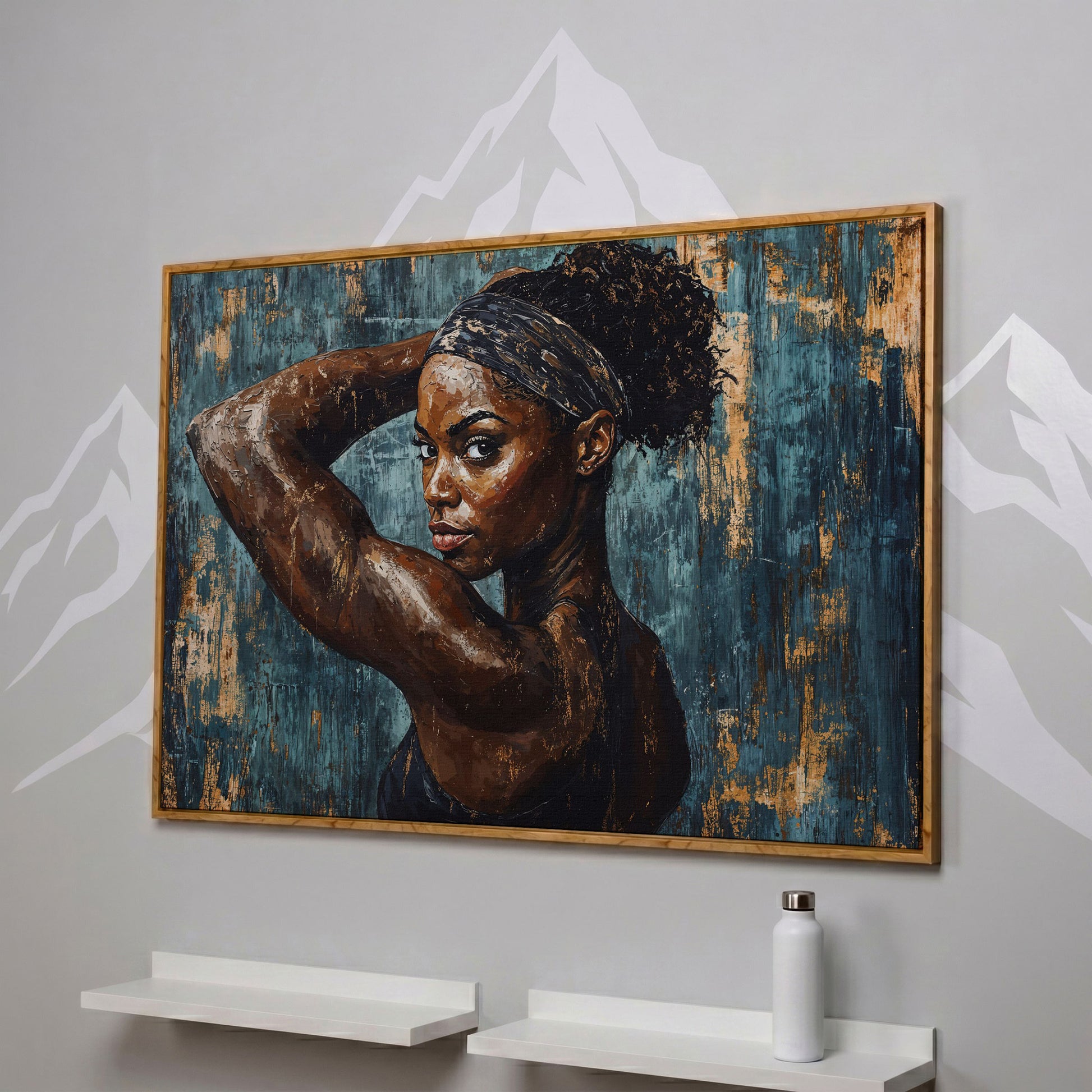Athletic Black Girl Portrait Canvas in Teal and Burnt Umber in white oak floating frame