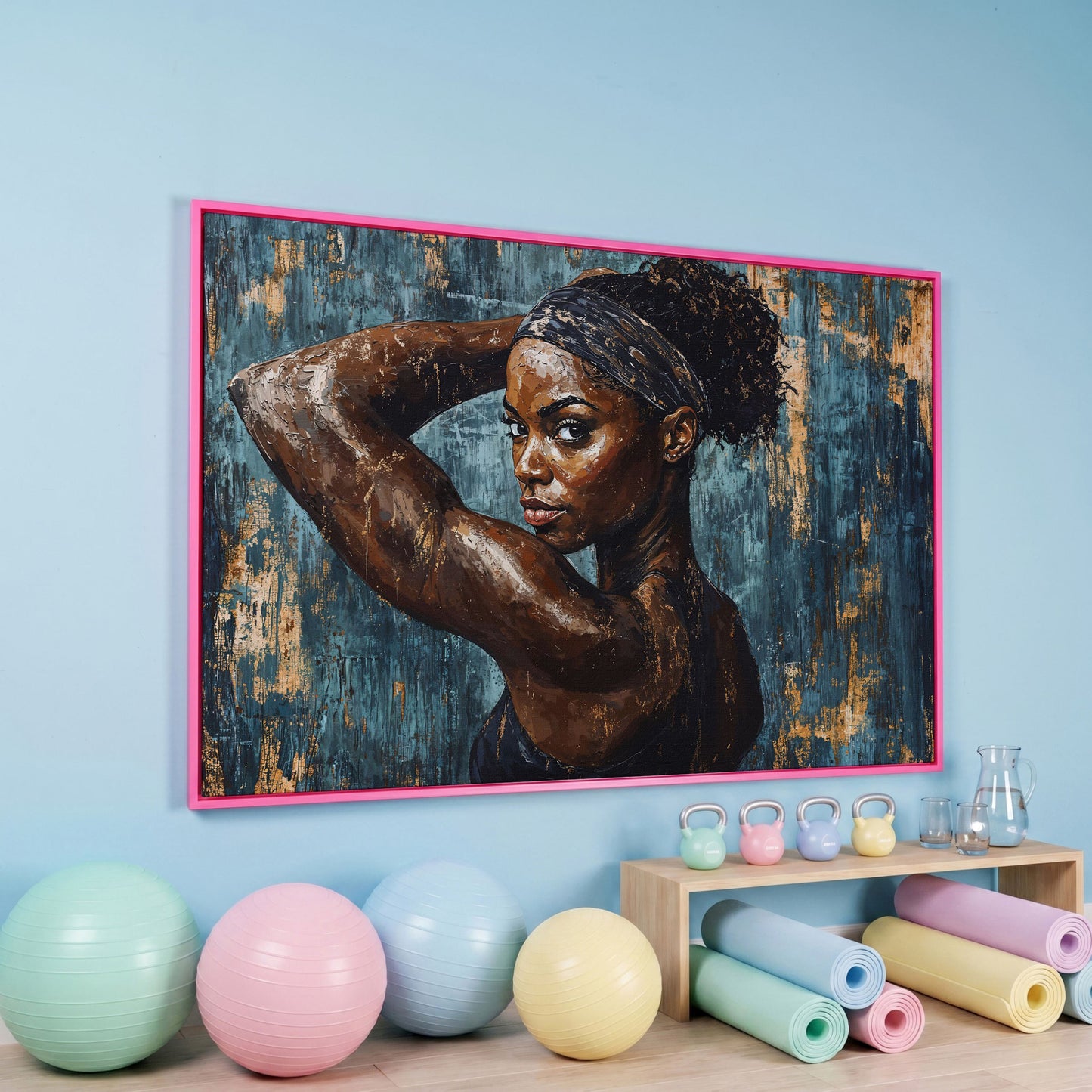 Athletic Black Girl Portrait Canvas in Teal and Burnt Umber in pink floating frame