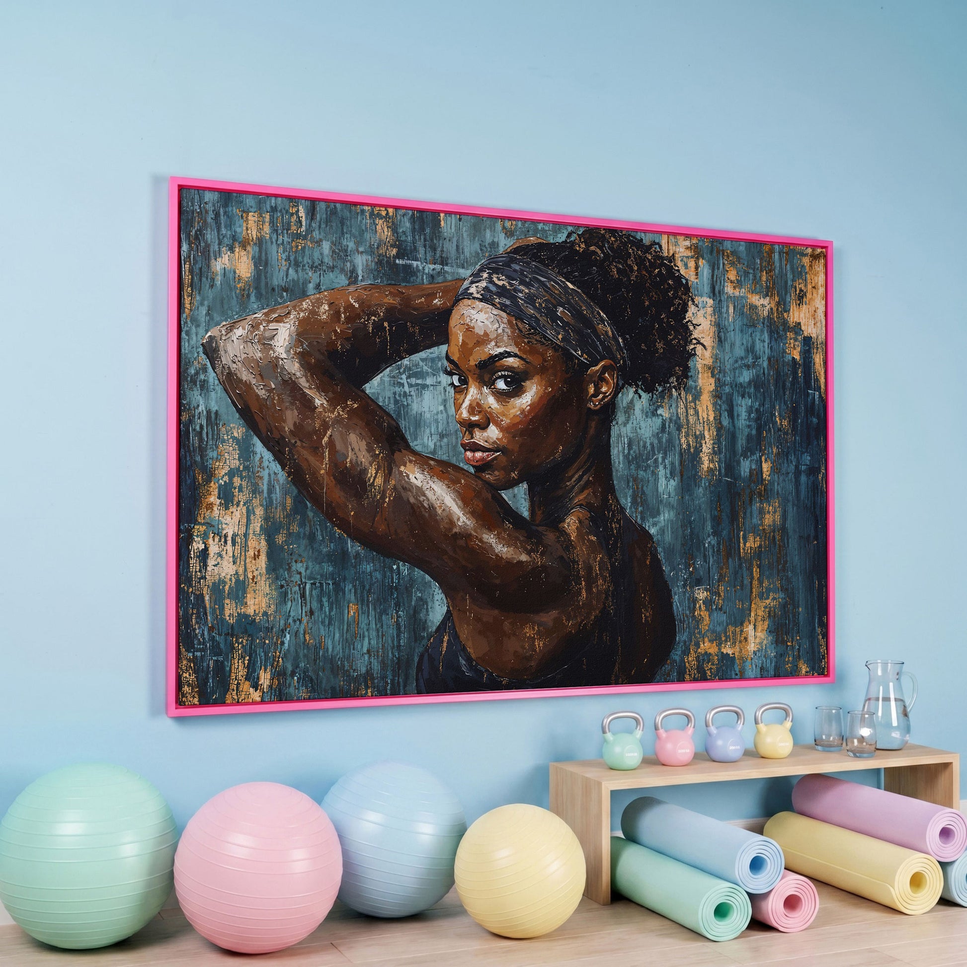 Athletic Black Girl Portrait Canvas in Teal and Burnt Umber in pink floating frame