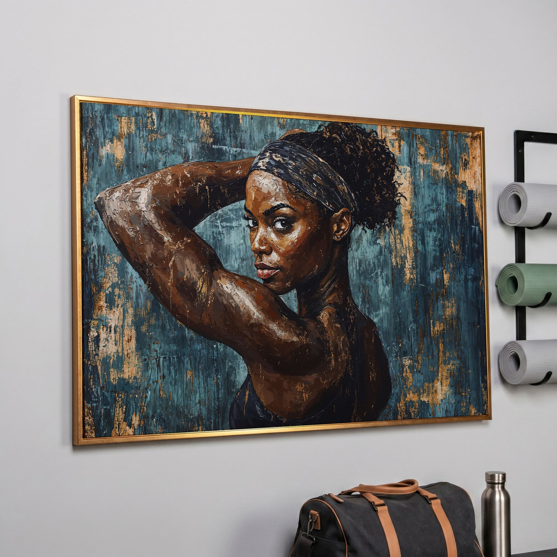 Athletic Black Girl Portrait Canvas in Teal and Burnt Umber in rose gold floating frame