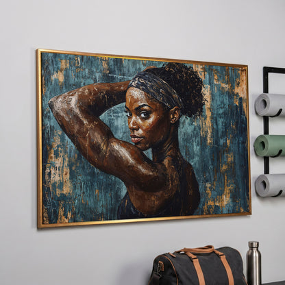 Athletic Black Girl Portrait Canvas in Teal and Burnt Umber in rose gold floating frame
