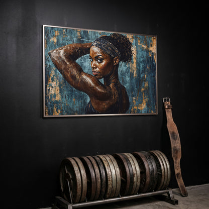 Athletic Black Girl Portrait Canvas in Teal and Burnt Umber in silver floating frame