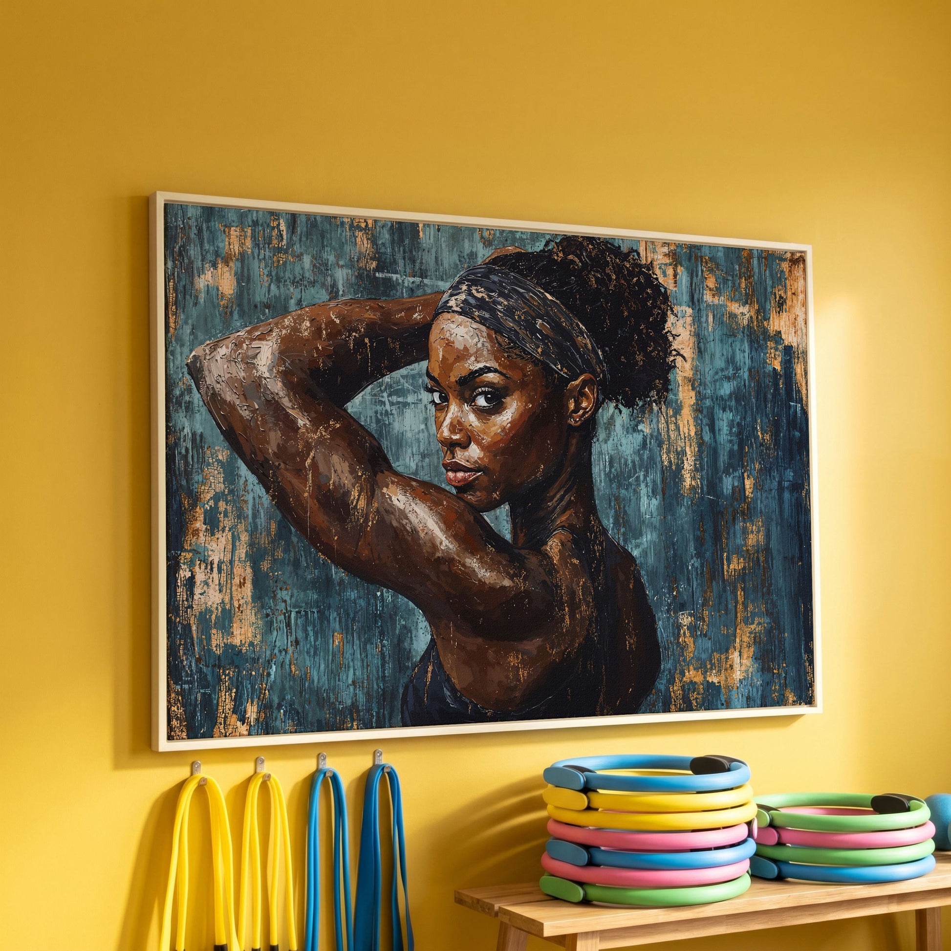Athletic Black Girl Portrait Canvas in Teal and Burnt Umber in white floating frame