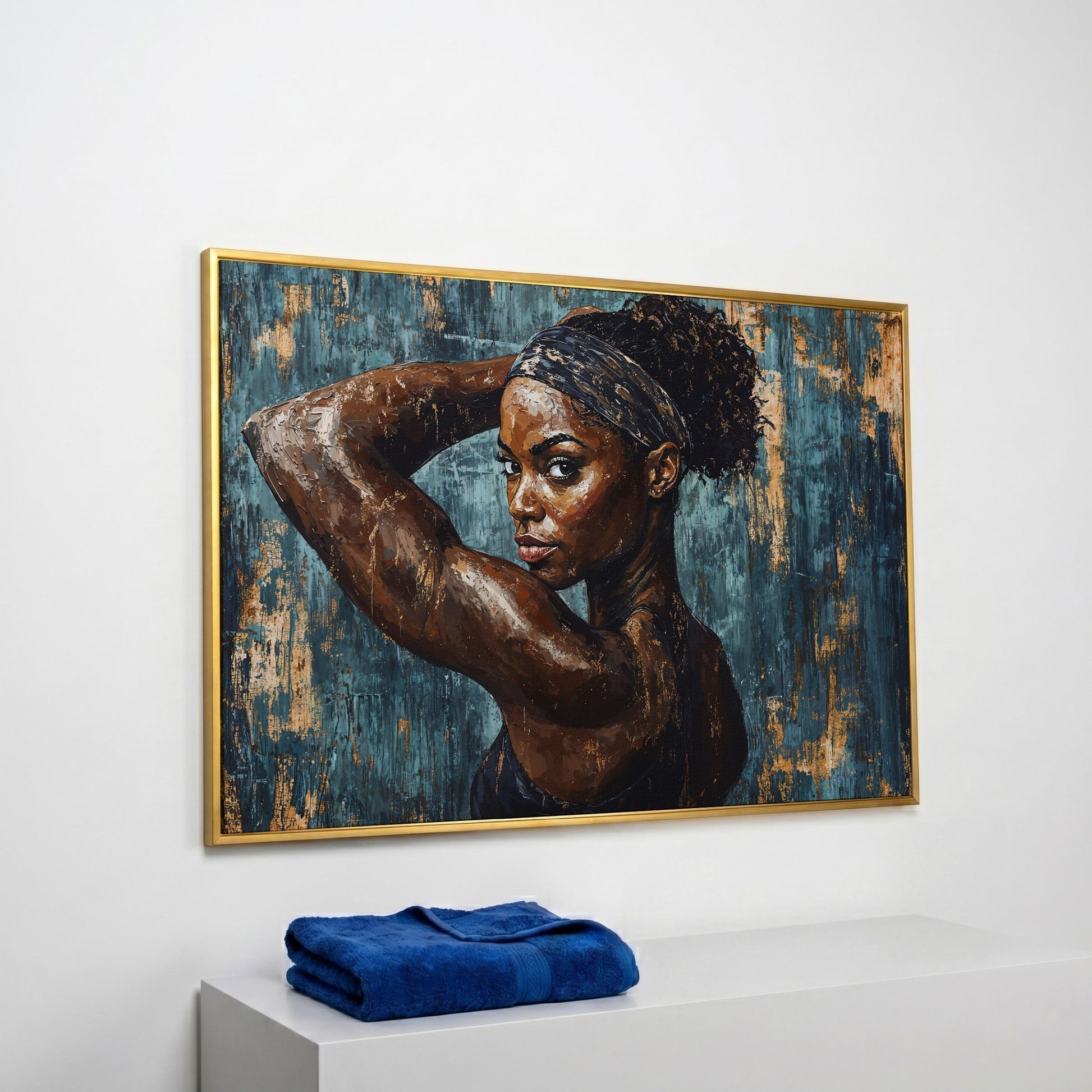 Athletic Black Girl Portrait Canvas in Teal and Burnt Umber in yellow gold floating frame