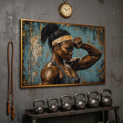 Muscular Female Athlete Canvas Print with Teal and Gold in antique gold floating frame