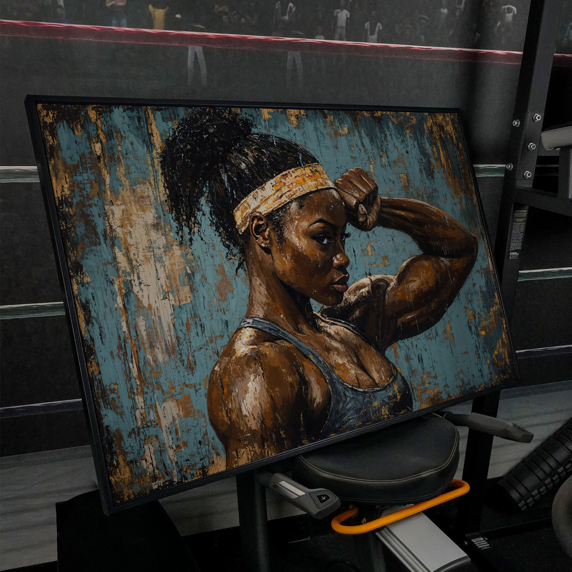 Muscular Female Athlete Canvas Print with Teal and Gold in black floating frame