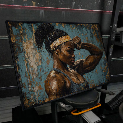 Muscular Female Athlete Canvas Print with Teal and Gold in black floating frame