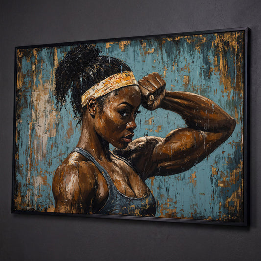 Muscular Female Athlete Canvas Print with Teal and Gold shown in black floating frame