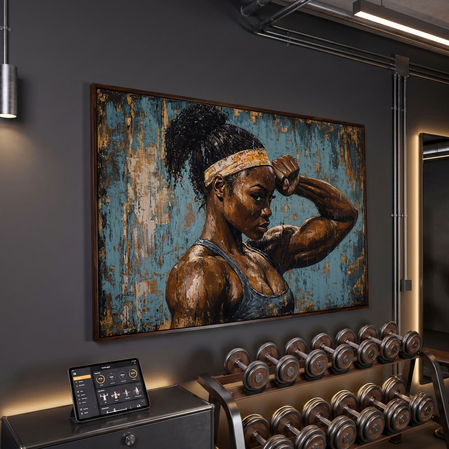 Muscular Female Athlete Canvas Print with Teal and Gold in dark walnut floating frame