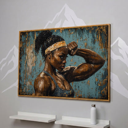 Muscular Female Athlete Canvas Print with Teal and Gold in white oak floating frame
