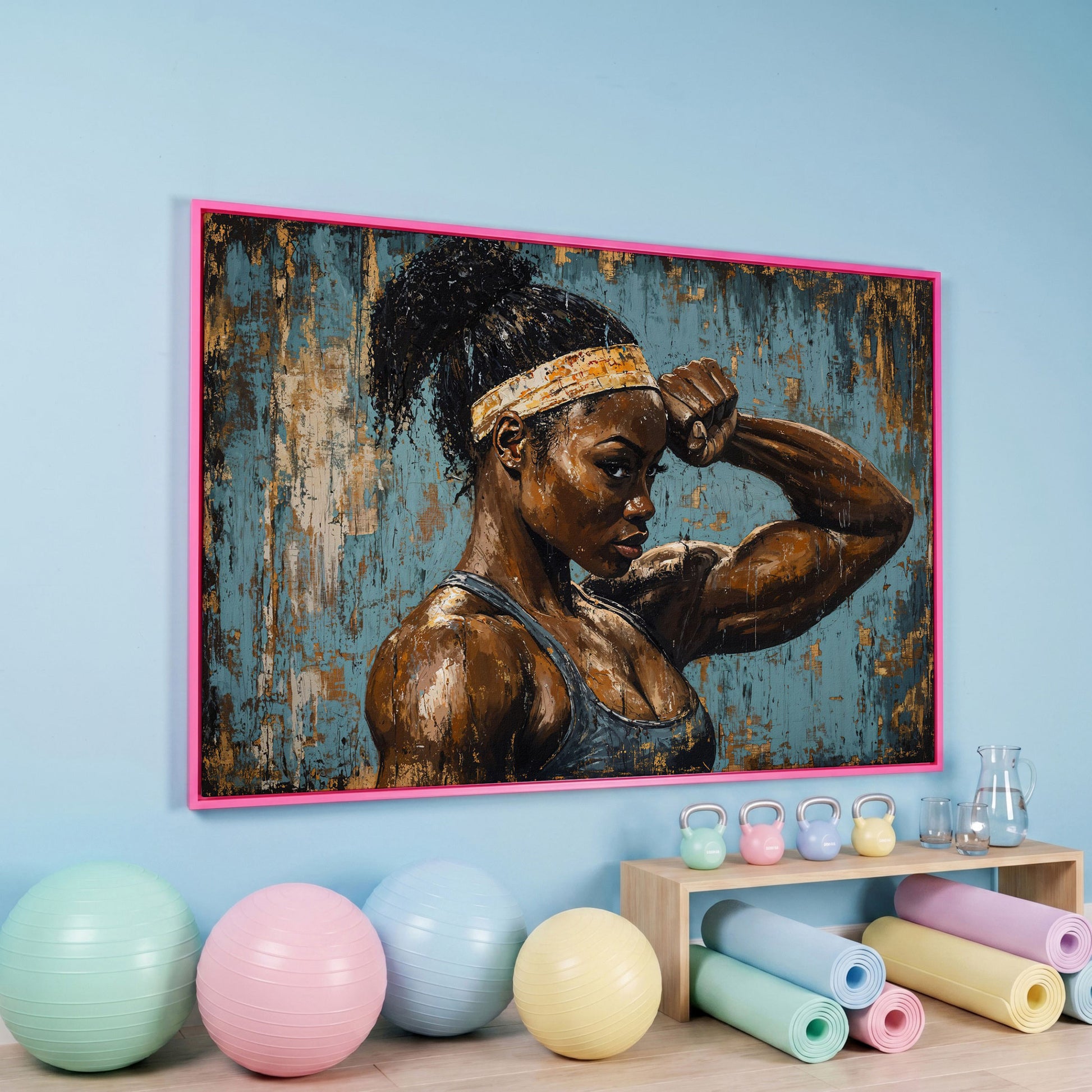 Muscular Female Athlete Canvas Print with Teal and Gold in pink floating frame