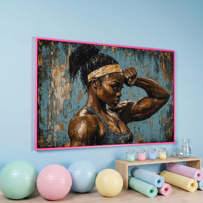 Muscular Female Athlete Canvas Print with Teal and Gold in pink floating frame