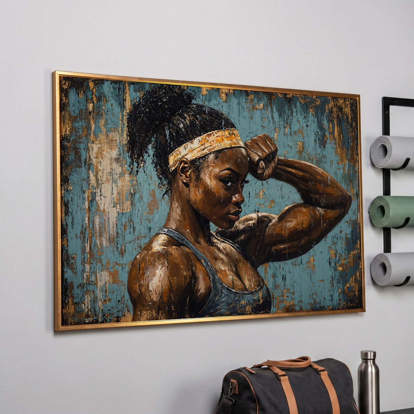 Muscular Female Athlete Canvas Print with Teal and Gold in rose gold floating frame
