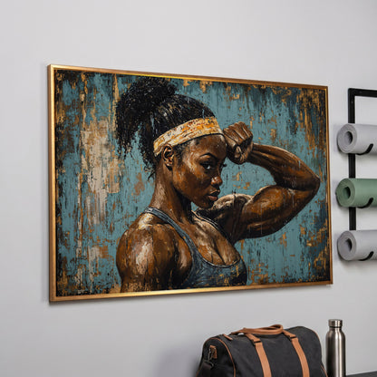 Muscular Female Athlete Canvas Print with Teal and Gold in rose gold floating frame