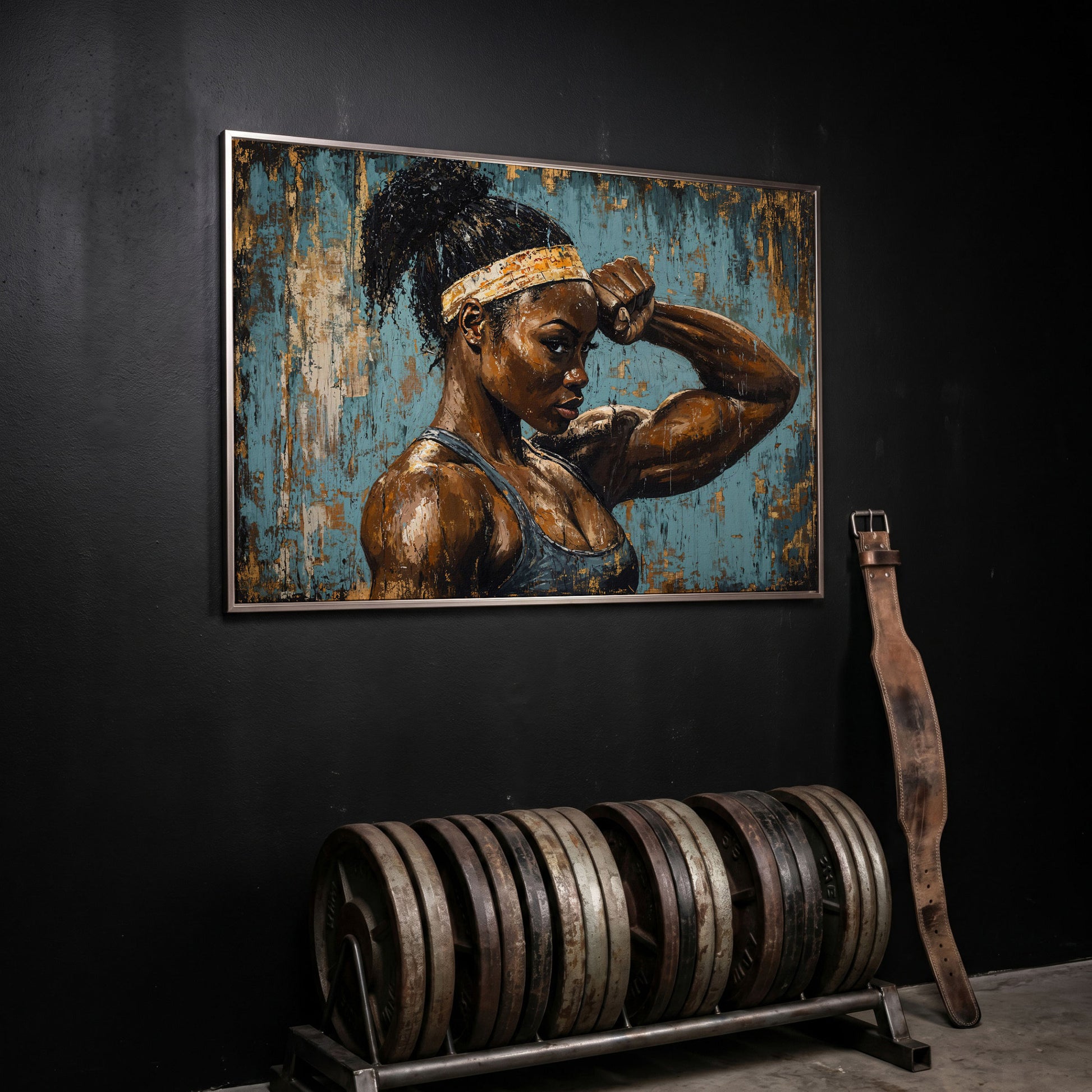 Muscular Female Athlete Canvas Print with Teal and Gold in silver floating frame