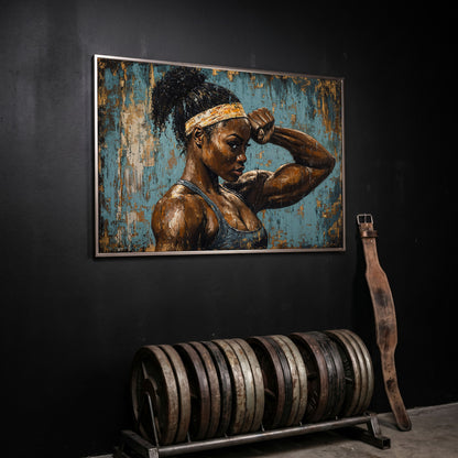 Muscular Female Athlete Canvas Print with Teal and Gold in silver floating frame