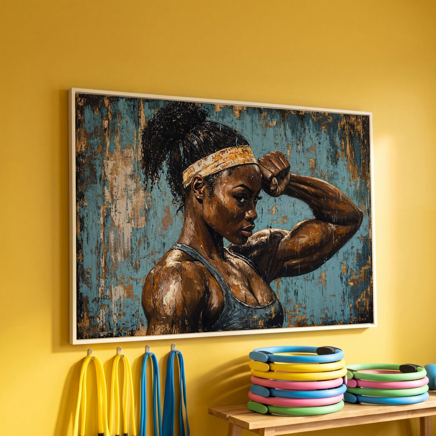 Muscular Female Athlete Canvas Print with Teal and Gold in white floating frame