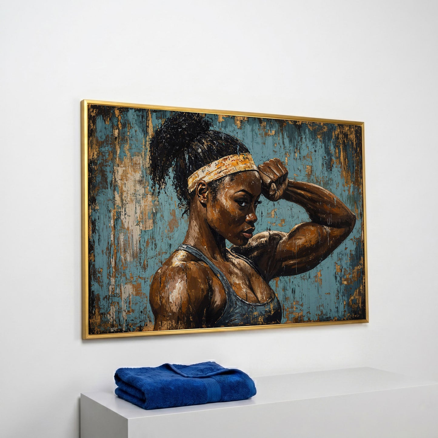 Muscular Female Athlete Canvas Print with Teal and Gold in yellow gold floating frame