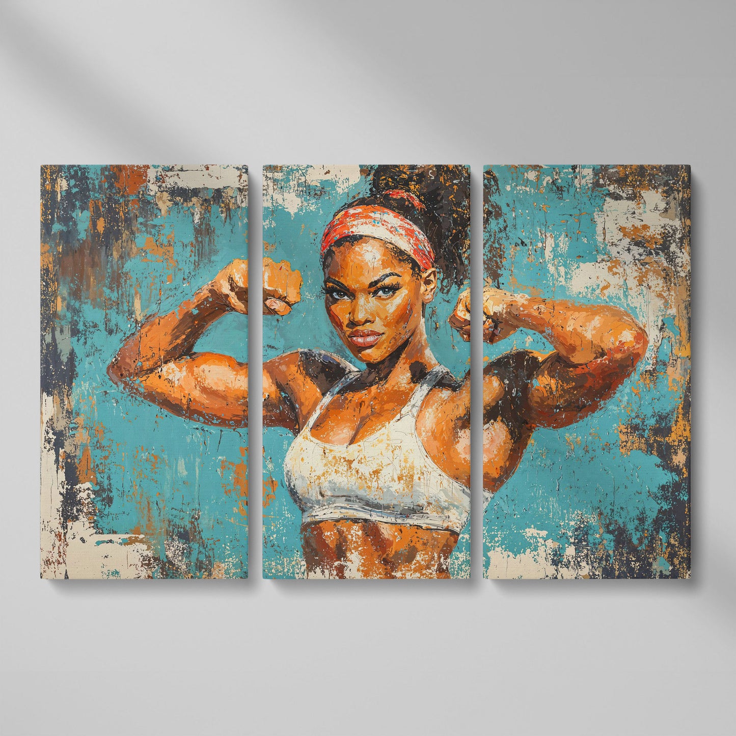Powerful Black Woman Canvas Print for Gym Motivation as 3-panel split version