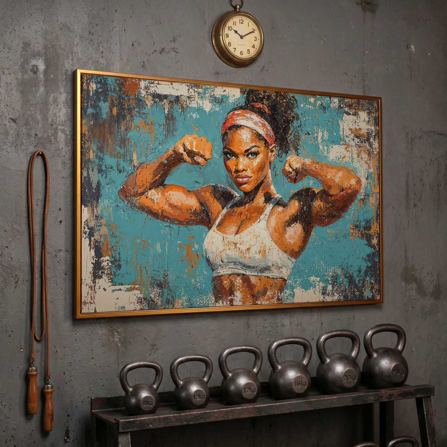 Powerful Black Woman Canvas Print for Gym Motivation in antique gold floating frame