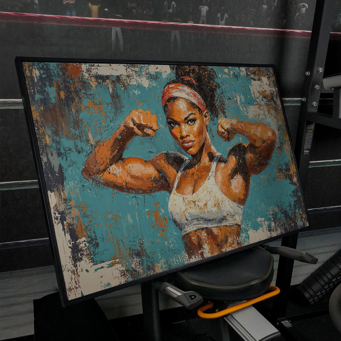 Powerful Black Woman Canvas Print for Gym Motivation in black floating frame