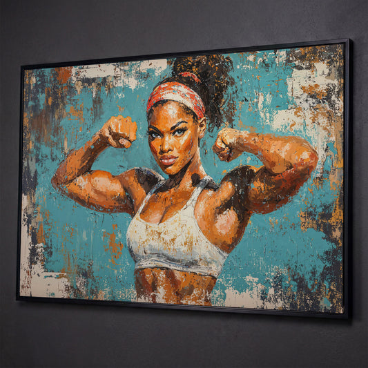 Powerful Black Woman Canvas Print for Gym Motivation shown in black floating frame