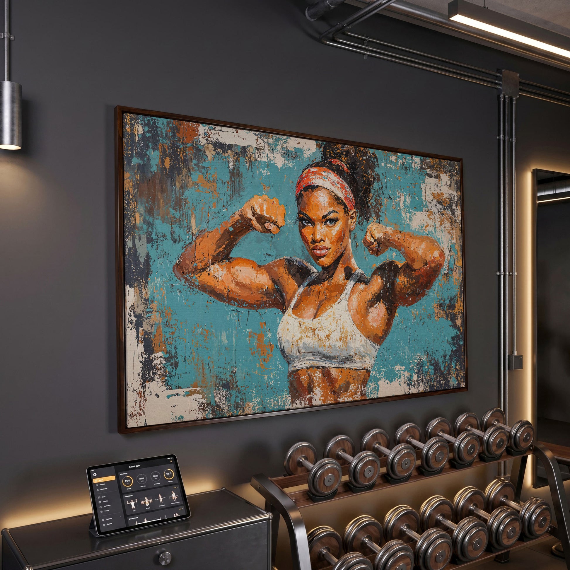 Powerful Black Woman Canvas Print for Gym Motivation in dark walnut floating frame