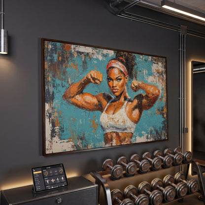 Powerful Black Woman Canvas Print for Gym Motivation in dark walnut floating frame