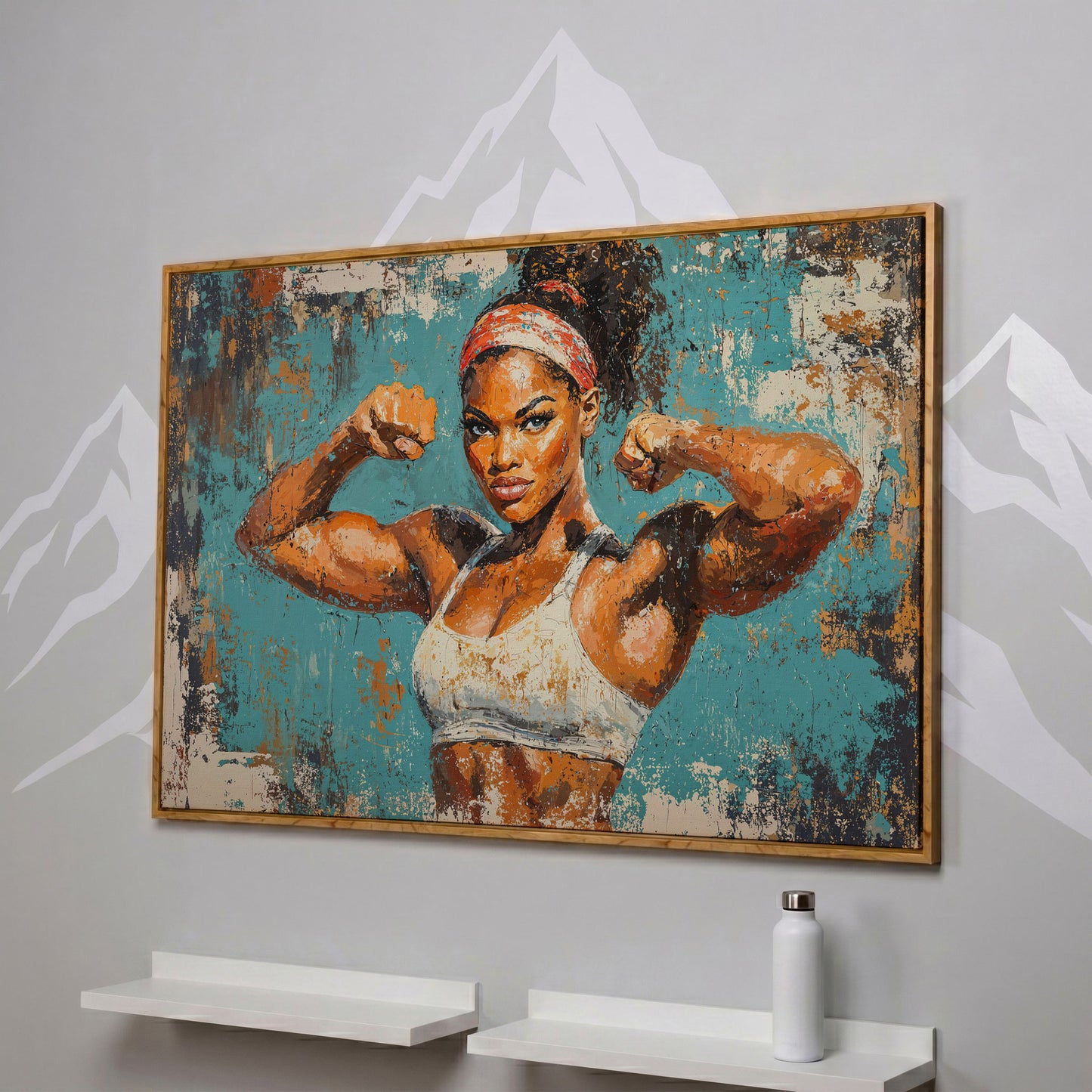 Powerful Black Woman Canvas Print for Gym Motivation in white oak floating frame