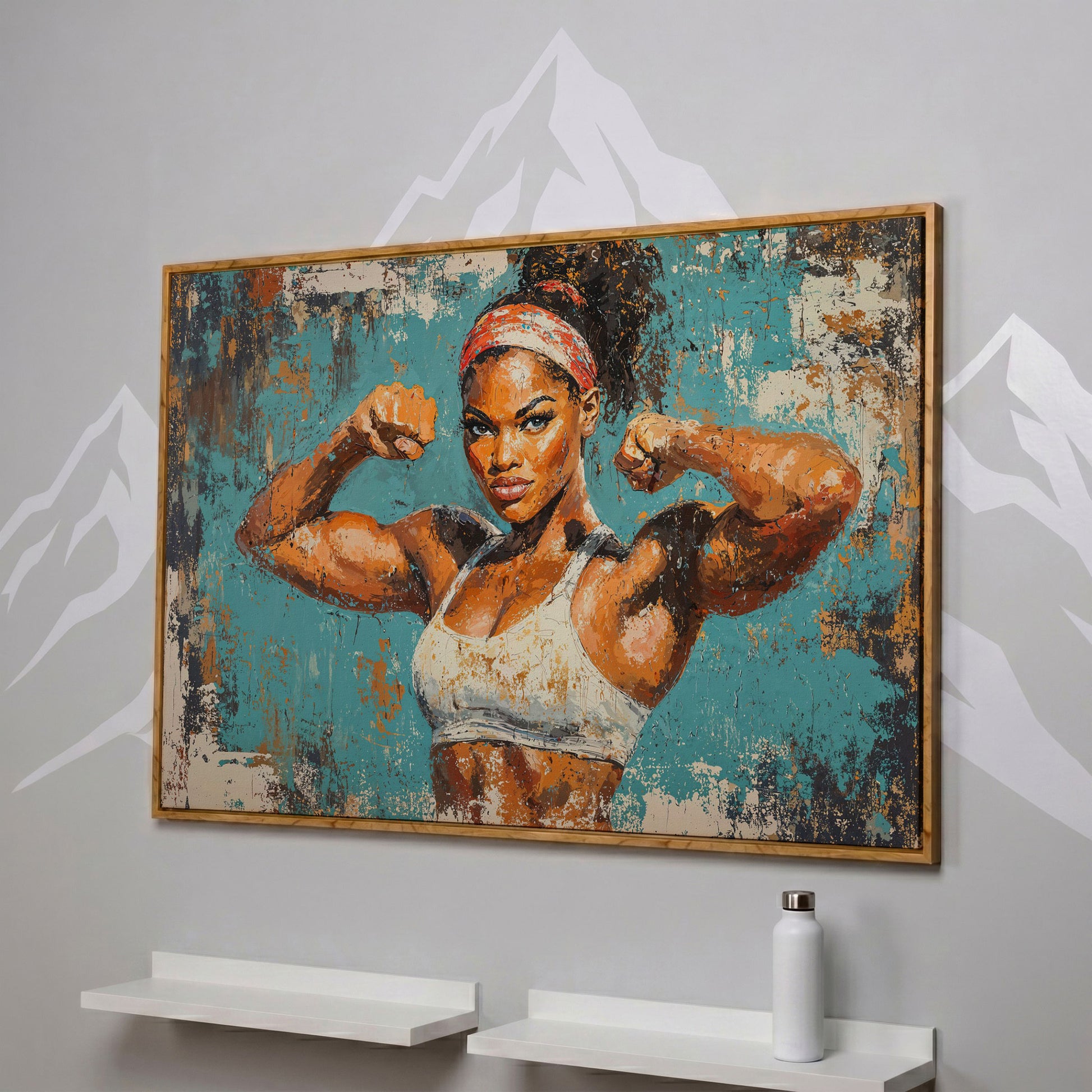 Powerful Black Woman Canvas Print for Gym Motivation in white oak floating frame