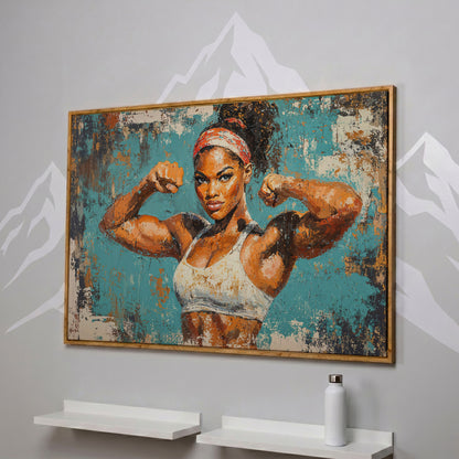 Powerful Black Woman Canvas Print for Gym Motivation in white oak floating frame