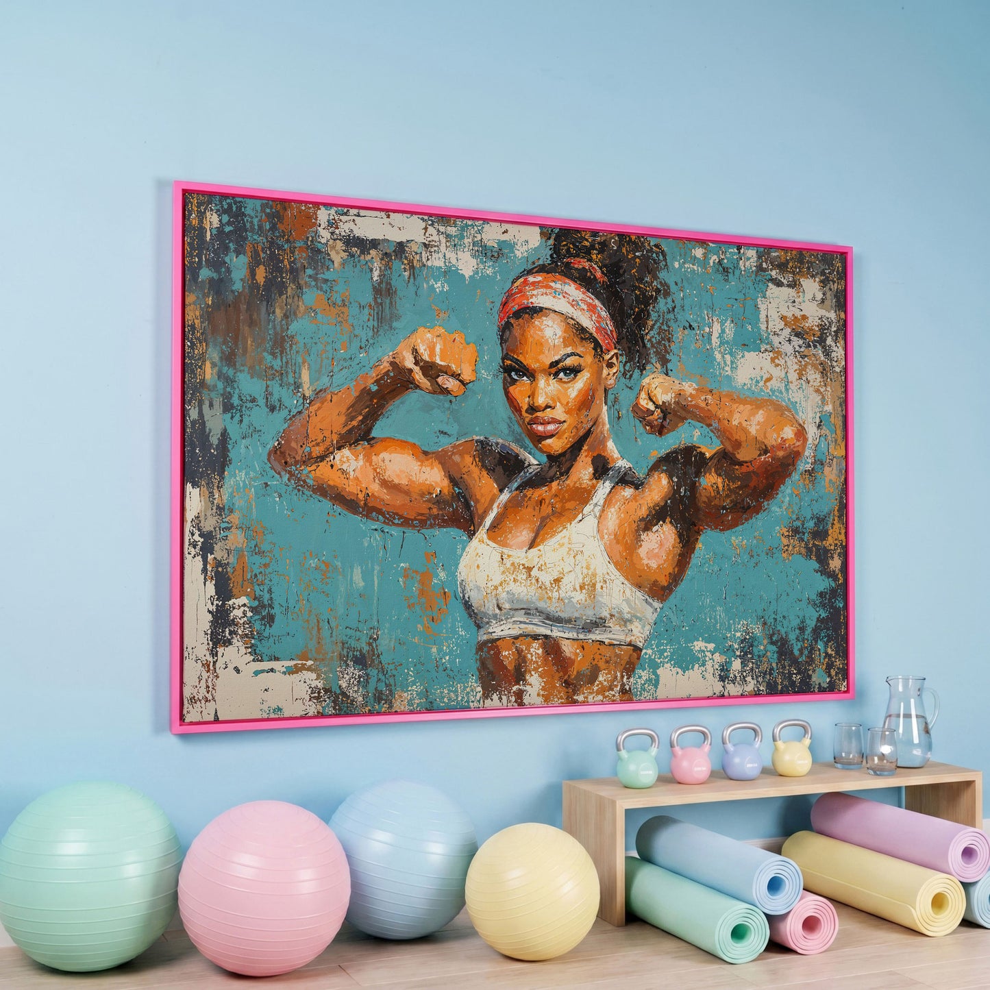 Powerful Black Woman Canvas Print for Gym Motivation in pink floating frame
