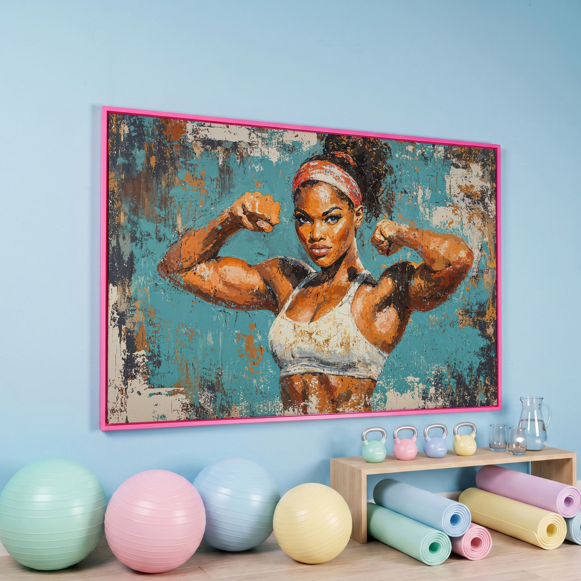 Powerful Black Woman Canvas Print for Gym Motivation in pink floating frame