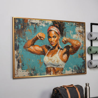 Powerful Black Woman Canvas Print for Gym Motivation in rose gold floating frame