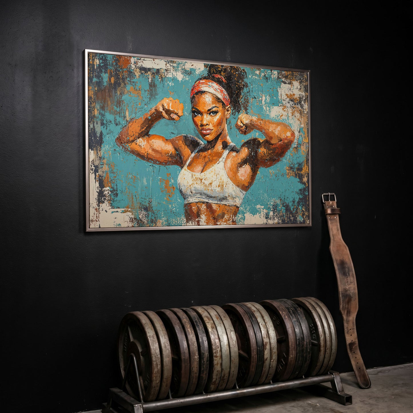 Powerful Black Woman Canvas Print for Gym Motivation in silver floating frame