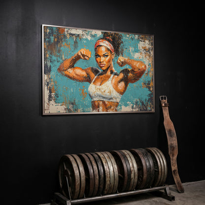 Powerful Black Woman Canvas Print for Gym Motivation in silver floating frame