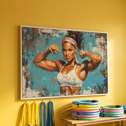 Powerful Black Woman Canvas Print for Gym Motivation in white floating frame
