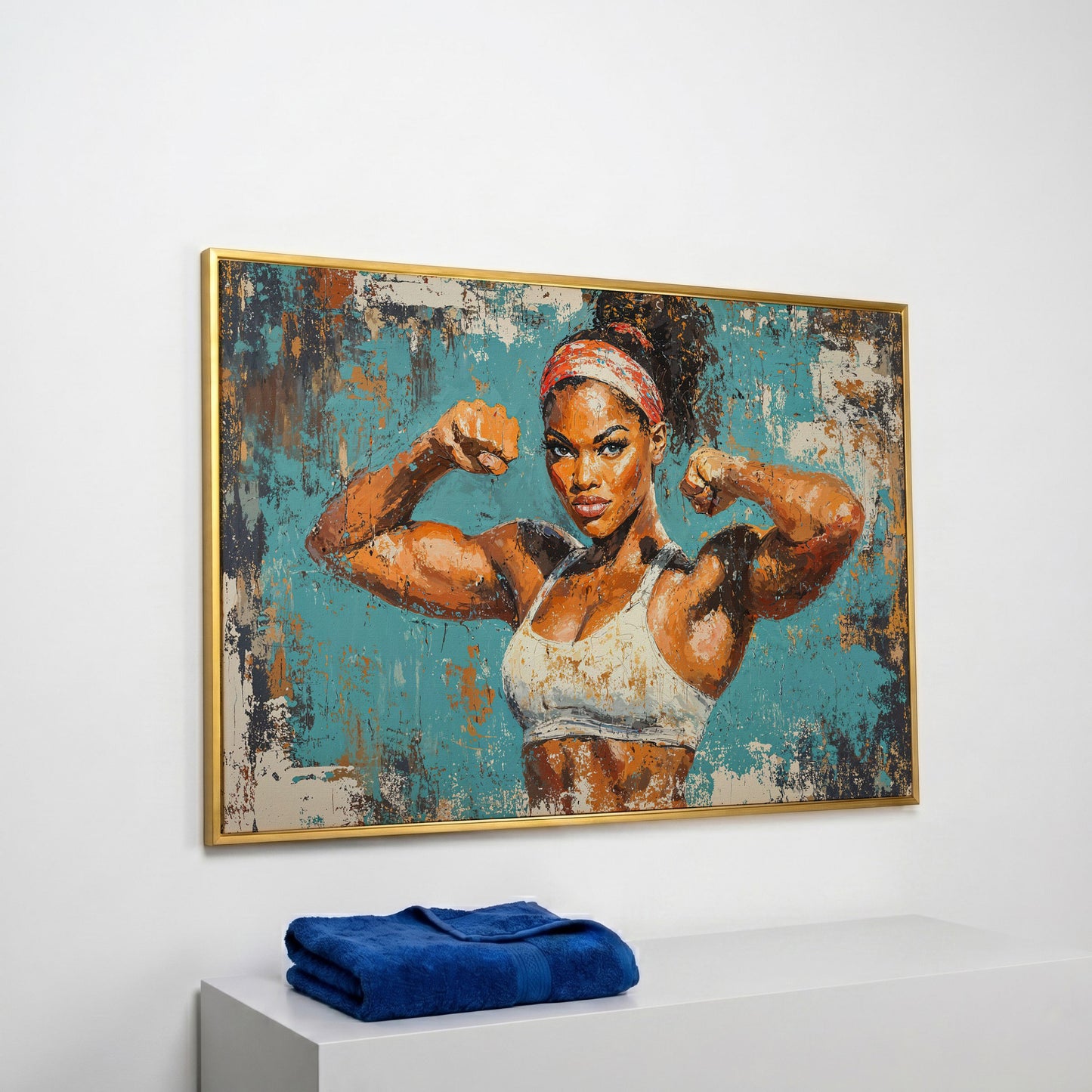 Powerful Black Woman Canvas Print for Gym Motivation in yellow gold floating frame