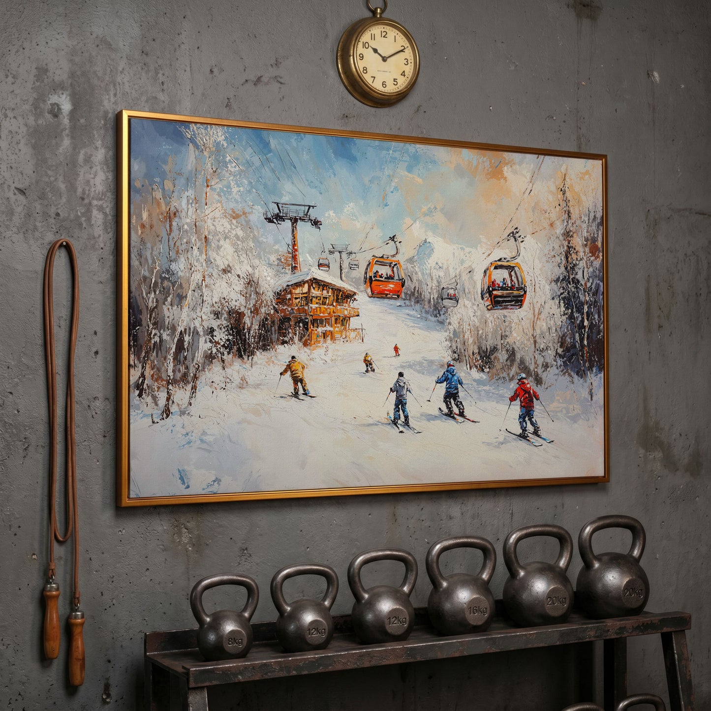 Snowy Mountain Skiing Canvas in antique gold floating frame