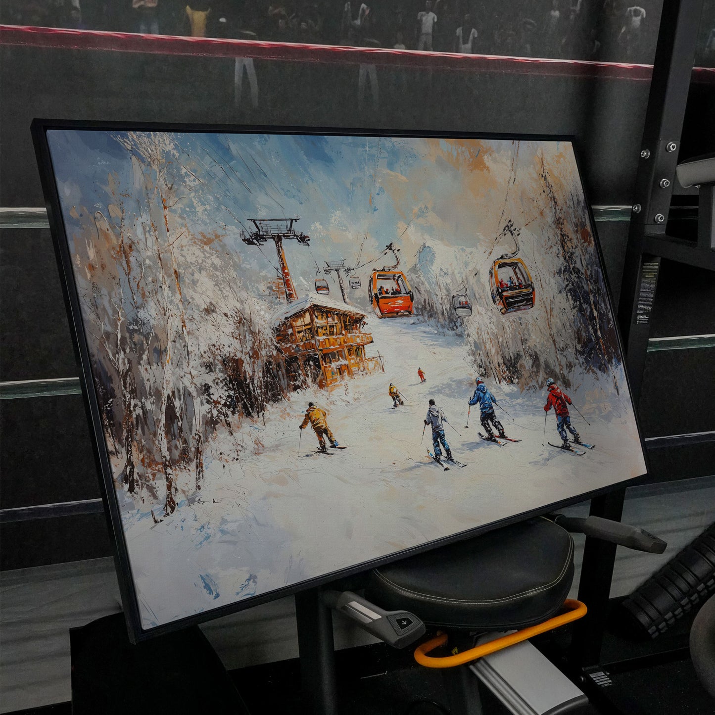 Snowy Mountain Skiing Canvas in black floating frame