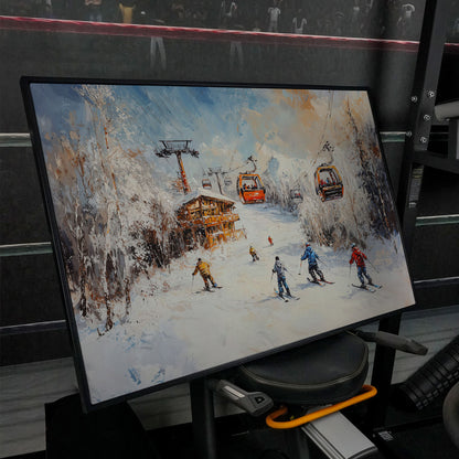 Snowy Mountain Skiing Canvas in black floating frame