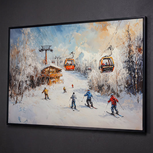 Snowy Mountain Skiing Canvas shown in black floating frame
