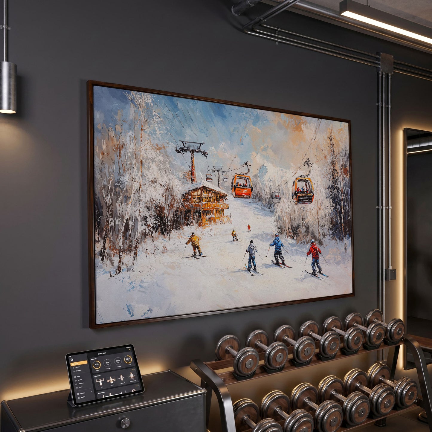 Snowy Mountain Skiing Canvas in dark walnut floating frame